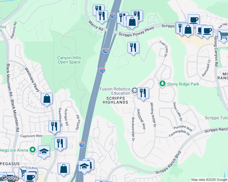 map of restaurants, bars, coffee shops, grocery stores, and more near 11436 Aspendell Drive in San Diego