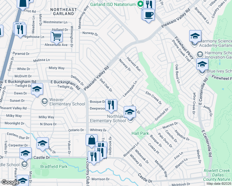 map of restaurants, bars, coffee shops, grocery stores, and more near 1625 Dell Oak Drive in Garland