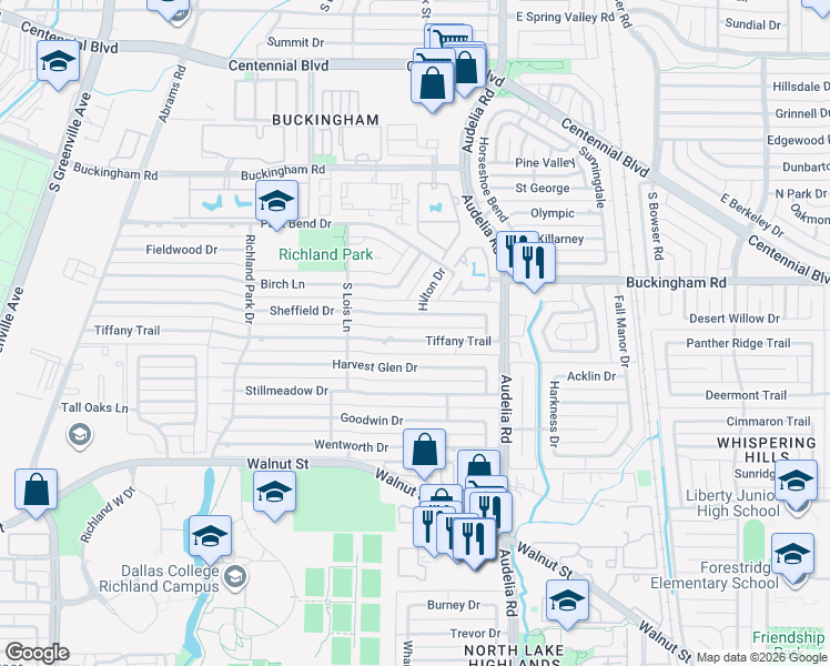 map of restaurants, bars, coffee shops, grocery stores, and more near 621 Tiffany Trail in Richardson