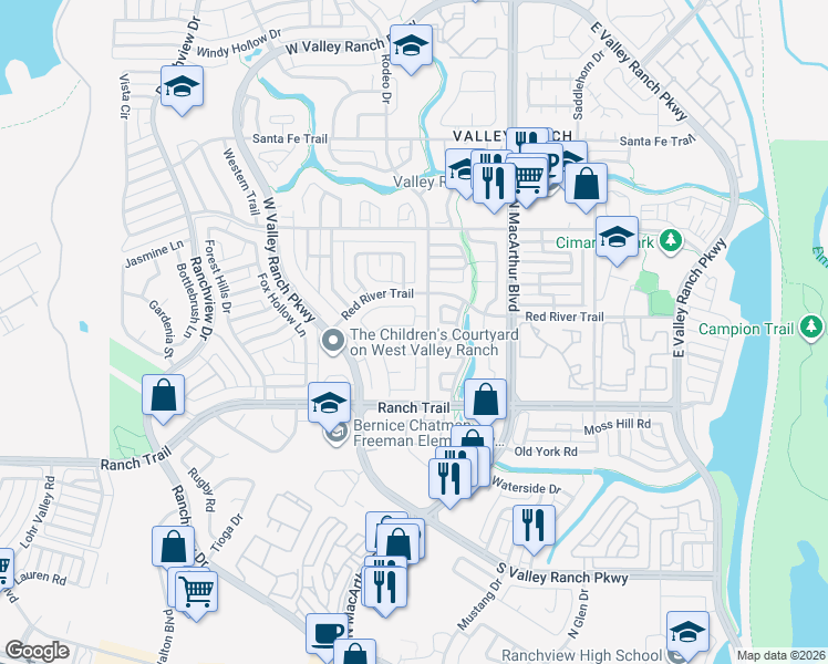 map of restaurants, bars, coffee shops, grocery stores, and more near 777 Marble Canyon Circle in Irving