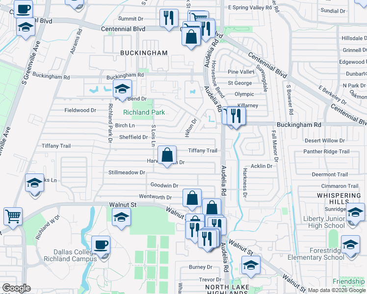 map of restaurants, bars, coffee shops, grocery stores, and more near 621 Tiffany Trail in Richardson