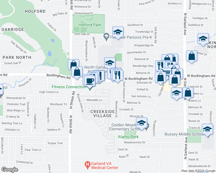 map of restaurants, bars, coffee shops, grocery stores, and more near 2100 West Buckingham Road in Garland