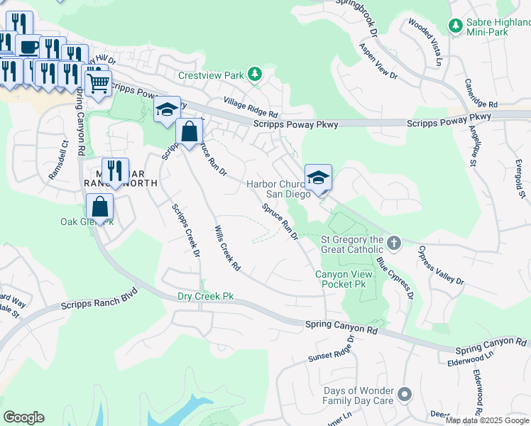 map of restaurants, bars, coffee shops, grocery stores, and more near 11562 Spruce Run Drive in San Diego