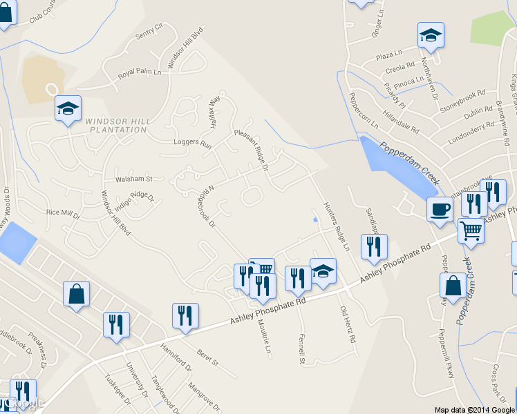 map of restaurants, bars, coffee shops, grocery stores, and more near 8240 Timberidge Court in Charleston