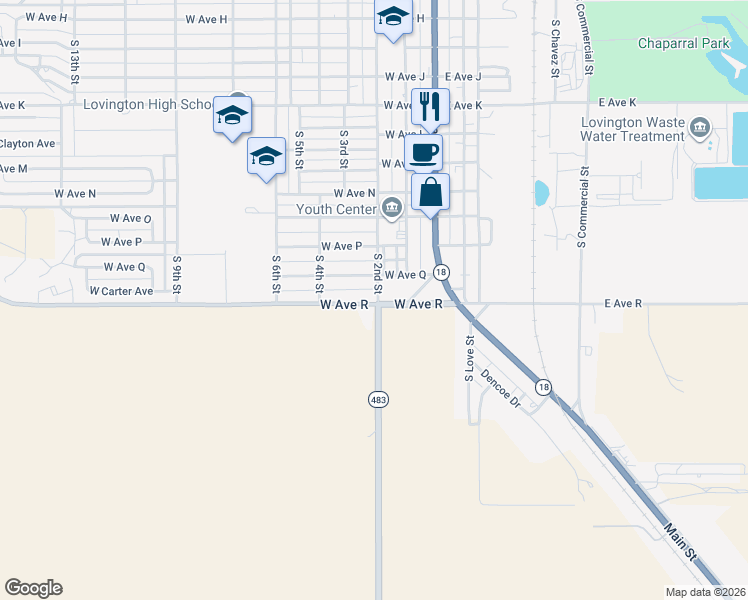 map of restaurants, bars, coffee shops, grocery stores, and more near 200 West Avenue R in Lovington