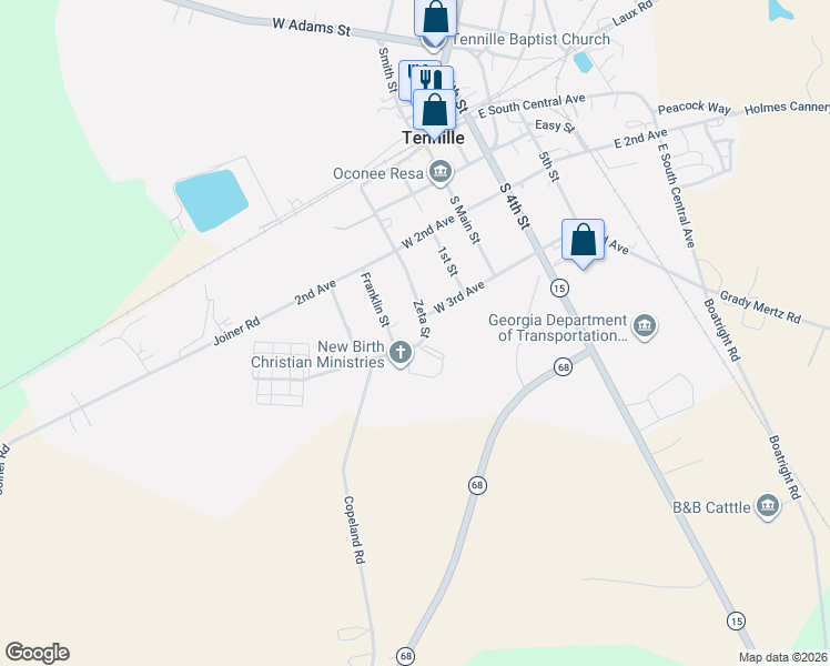map of restaurants, bars, coffee shops, grocery stores, and more near 404 Zeta Street in Tennille