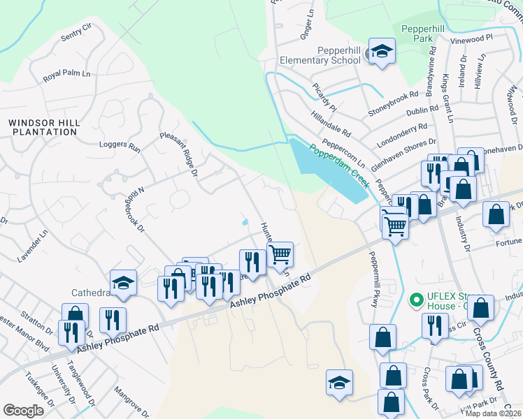 map of restaurants, bars, coffee shops, grocery stores, and more near 7642 Hunters Ridge Lane in North Charleston