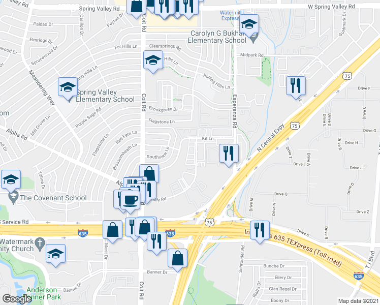 map of restaurants, bars, coffee shops, grocery stores, and more near 13353 Emily Road in Dallas