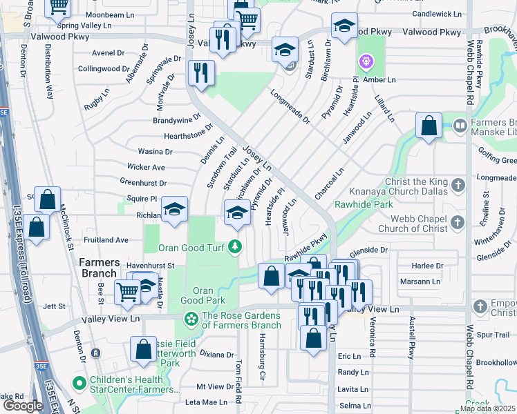 map of restaurants, bars, coffee shops, grocery stores, and more near 13608 Pyramid Drive in Farmers Branch