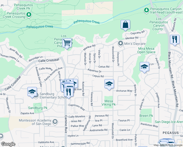 map of restaurants, bars, coffee shops, grocery stores, and more near 8566 Lepus Road in San Diego