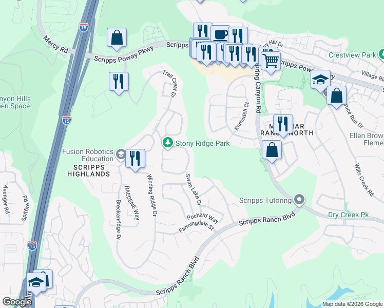 map of restaurants, bars, coffee shops, grocery stores, and more near 11605 Swan Lake Drive in San Diego