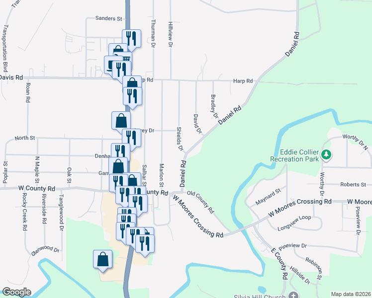map of restaurants, bars, coffee shops, grocery stores, and more near 201 Daniel Road in Thomaston