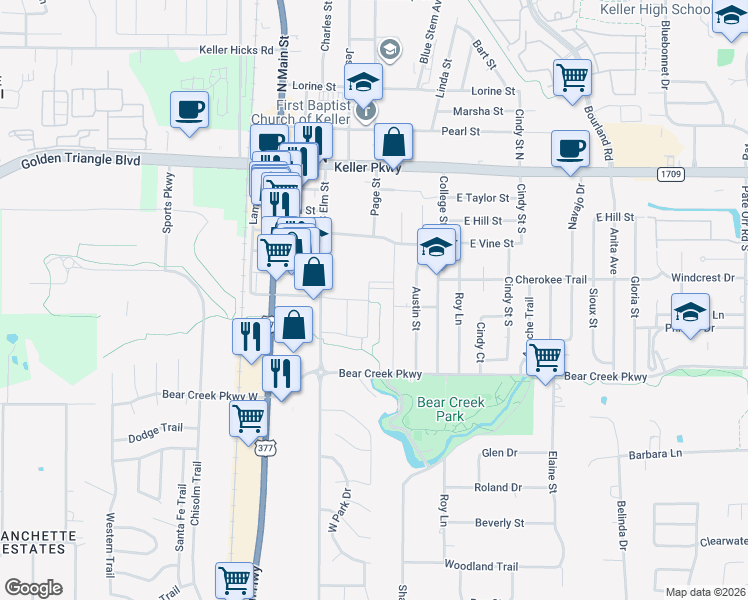 map of restaurants, bars, coffee shops, grocery stores, and more near 4001 Old Denton Road in Haltom City