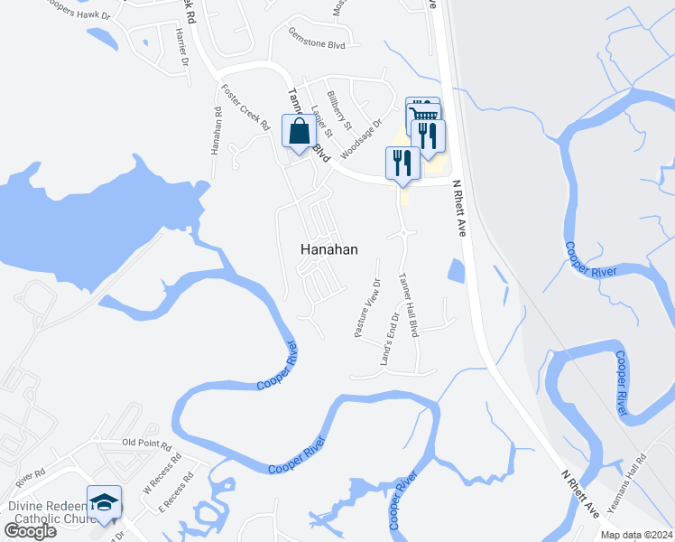 map of restaurants, bars, coffee shops, grocery stores, and more near 2015 Codorus Lane in Hanahan