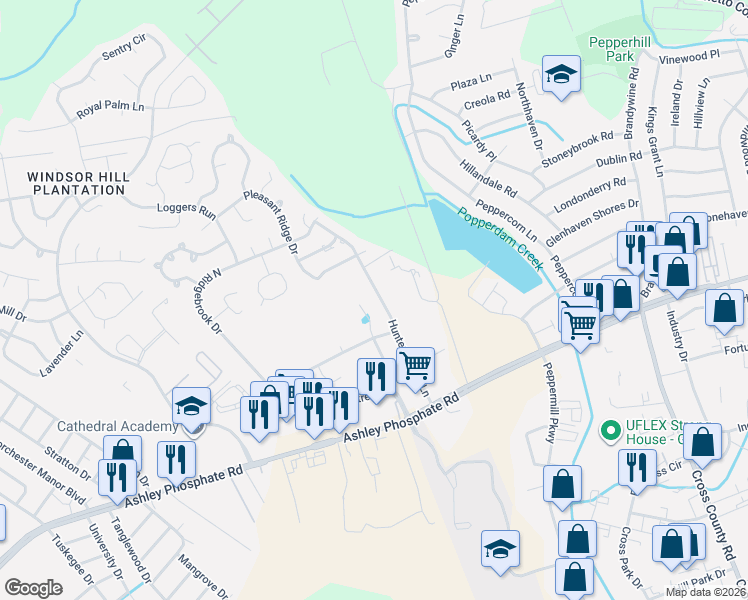map of restaurants, bars, coffee shops, grocery stores, and more near 7642 Hunters Ridge Lane in North Charleston