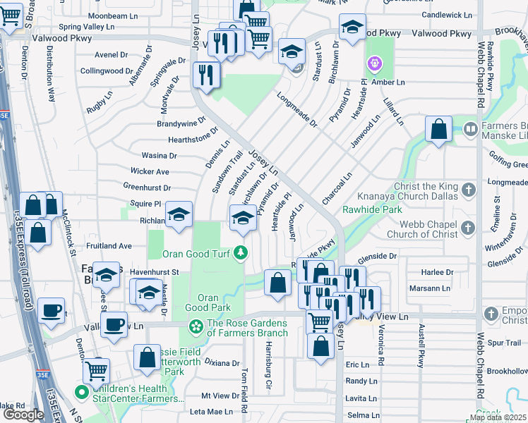 map of restaurants, bars, coffee shops, grocery stores, and more near 13608 Pyramid Drive in Farmers Branch