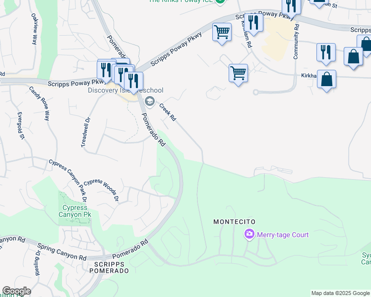 map of restaurants, bars, coffee shops, grocery stores, and more near 11558 Creek Road in Poway