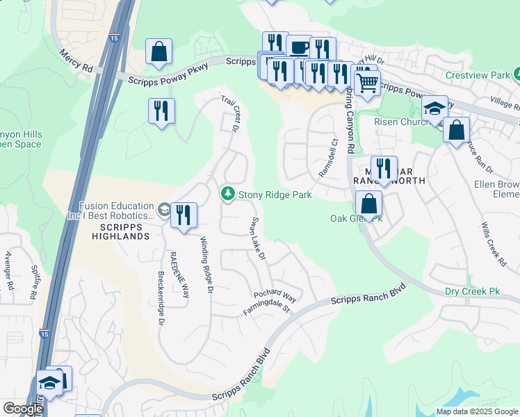 map of restaurants, bars, coffee shops, grocery stores, and more near 11605 Swan Lake Drive in San Diego