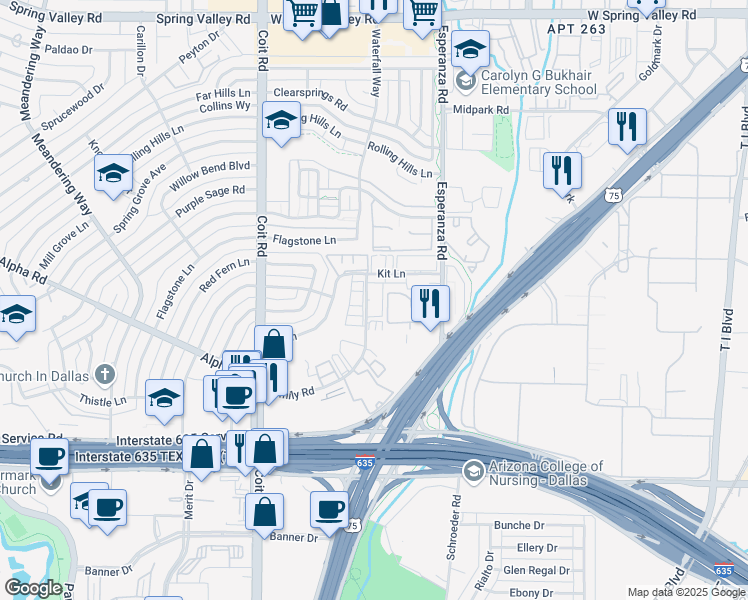 map of restaurants, bars, coffee shops, grocery stores, and more near 13354 Emily Road in Dallas