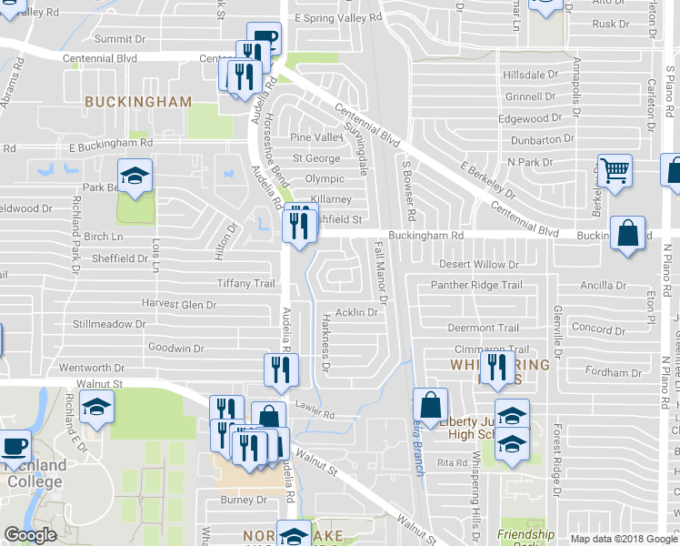 map of restaurants, bars, coffee shops, grocery stores, and more near 9815 Chander Court in Dallas