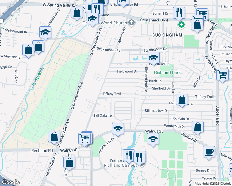 map of restaurants, bars, coffee shops, grocery stores, and more near 430 Tiffany Trail in Richardson