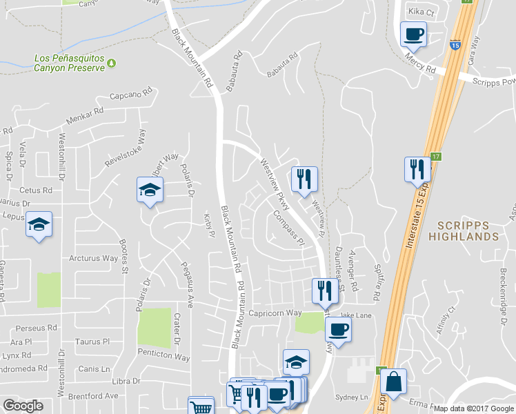 map of restaurants, bars, coffee shops, grocery stores, and more near 11664 Compass Point Drive North in San Diego