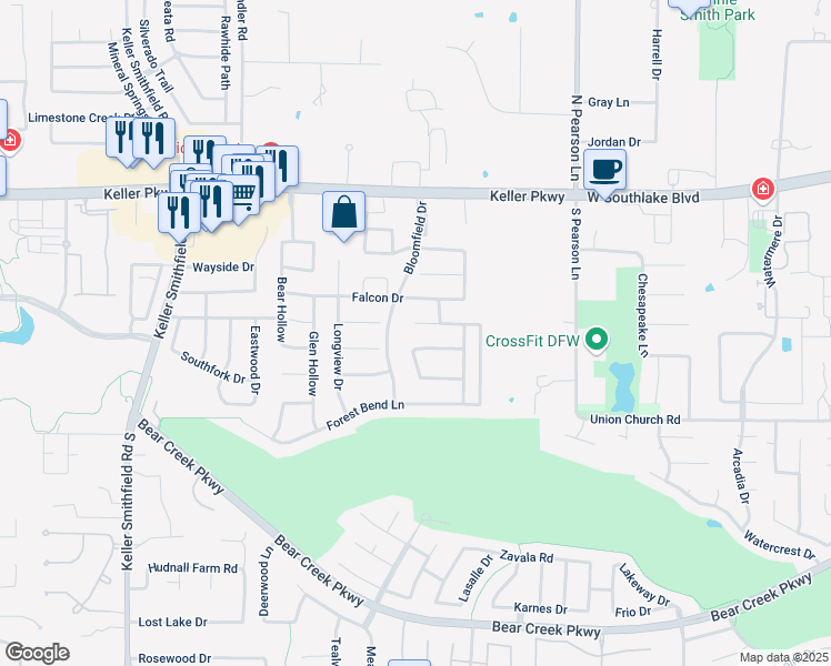map of restaurants, bars, coffee shops, grocery stores, and more near 1811 Windsong Circle in Keller