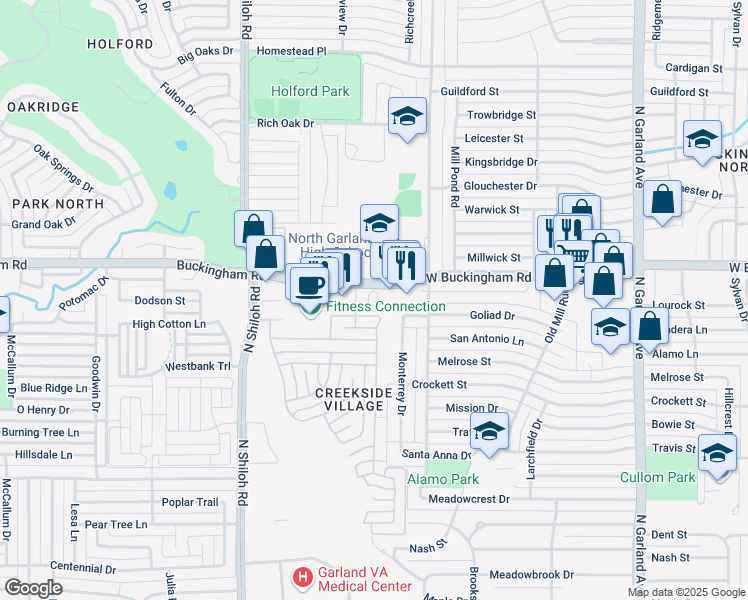 map of restaurants, bars, coffee shops, grocery stores, and more near 2100 West Buckingham Road in Garland