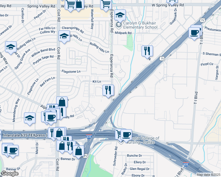 map of restaurants, bars, coffee shops, grocery stores, and more near 13323 Esperanza Road in Dallas
