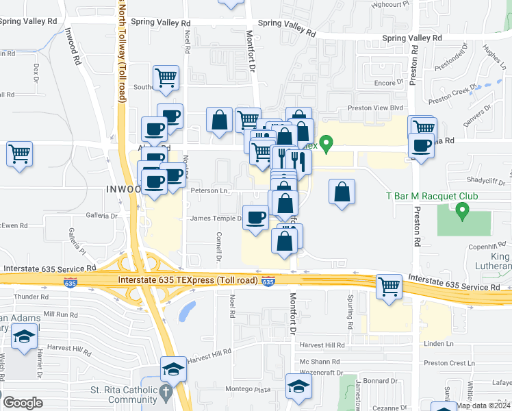 map of restaurants, bars, coffee shops, grocery stores, and more near 5454 Peterson Lane in Dallas