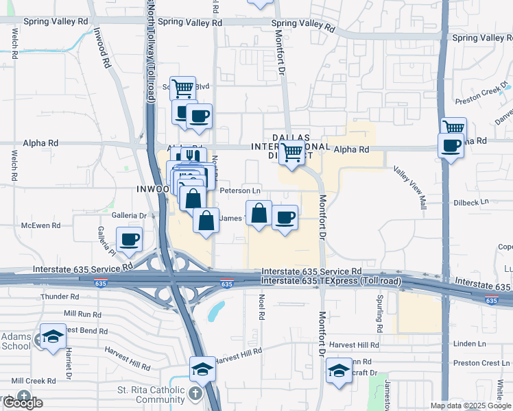 map of restaurants, bars, coffee shops, grocery stores, and more near 17 James Temple Drive in Dallas