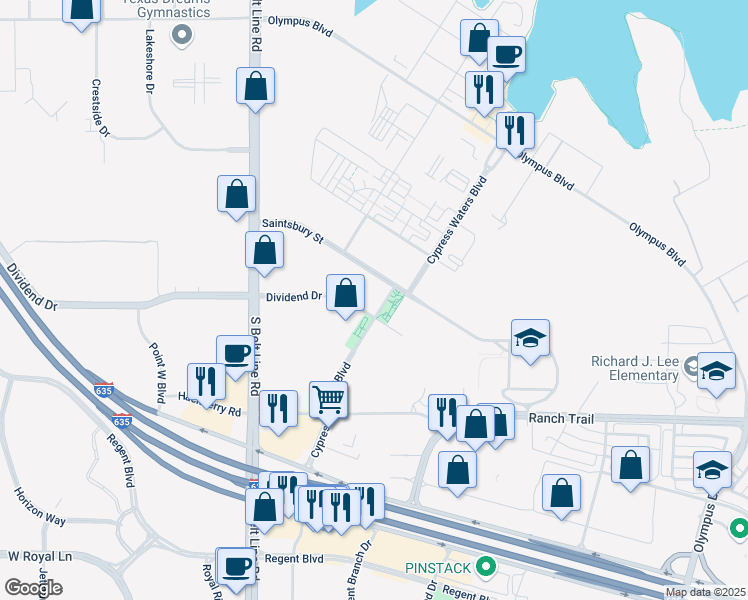 map of restaurants, bars, coffee shops, grocery stores, and more near 9001 Cypress Waters Boulevard in Coppell