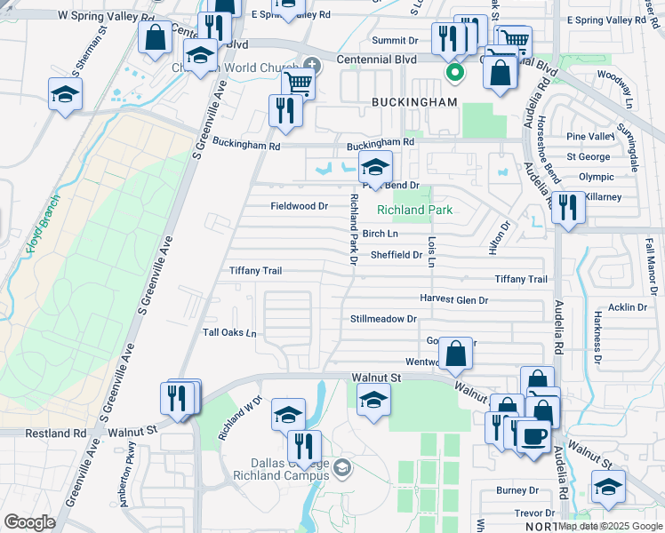 map of restaurants, bars, coffee shops, grocery stores, and more near 463 Tiffany Trail in Richardson