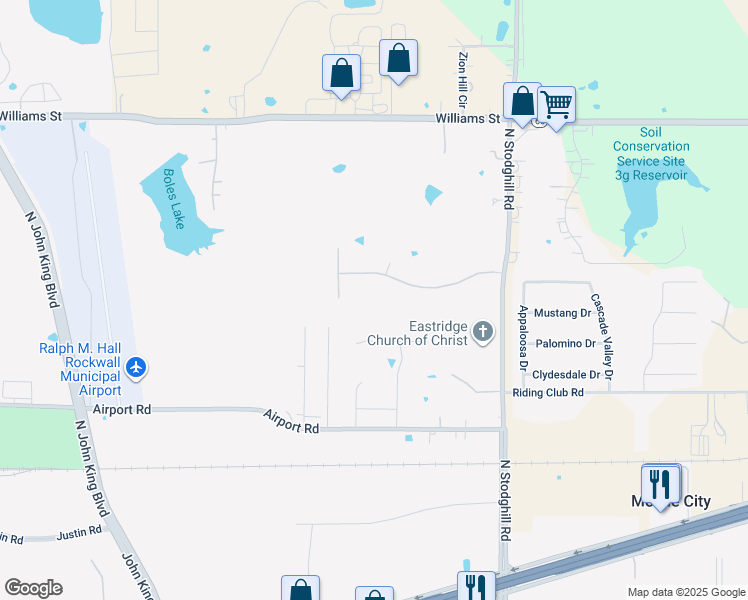 map of restaurants, bars, coffee shops, grocery stores, and more near 2455 Rolling Meadows Drive in Rockwall