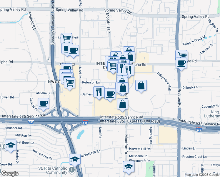 map of restaurants, bars, coffee shops, grocery stores, and more near 5454 Peterson Lane in Dallas