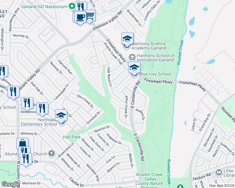 map of restaurants, bars, coffee shops, grocery stores, and more near 1814 Oak Bend Lane in Garland