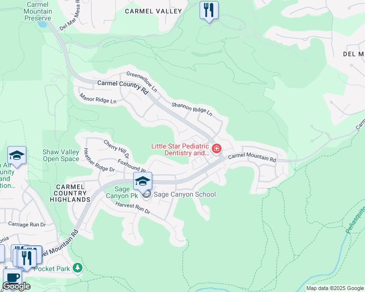 map of restaurants, bars, coffee shops, grocery stores, and more near 10631 Canyon Grove Trail in San Diego