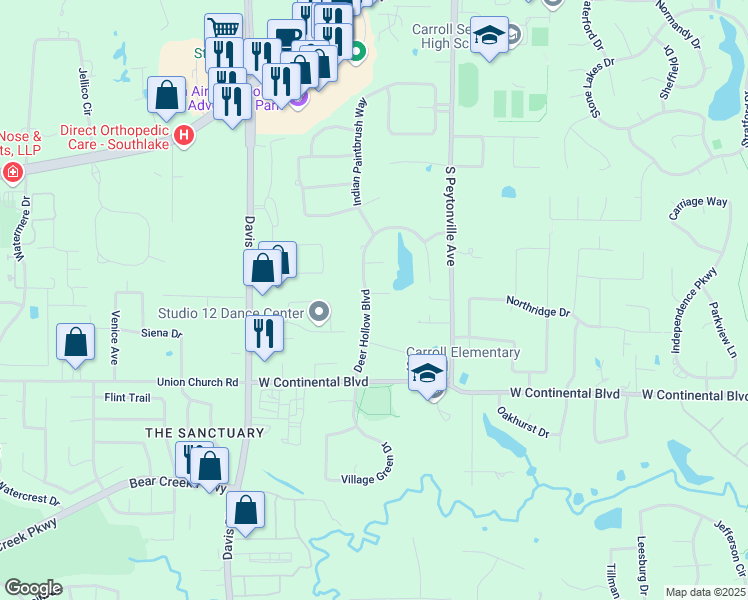 map of restaurants, bars, coffee shops, grocery stores, and more near 1807 Greenlea Cove in Southlake