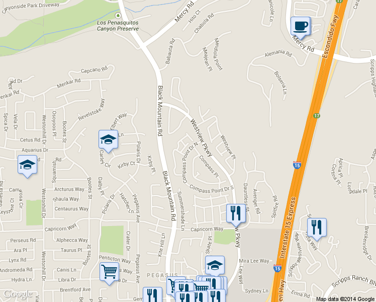map of restaurants, bars, coffee shops, grocery stores, and more near 11670 Compass Point Drive North in San Diego