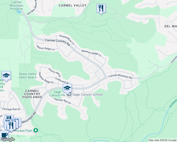 map of restaurants, bars, coffee shops, grocery stores, and more near 10620 Canyon Grove Trail in San Diego