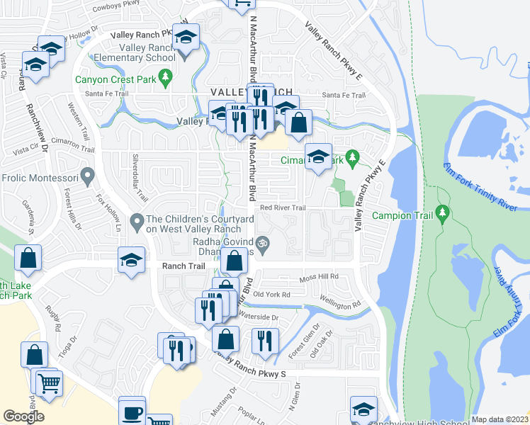 map of restaurants, bars, coffee shops, grocery stores, and more near 402 Red River Trail in Irving