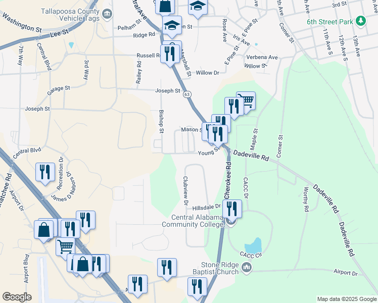 map of restaurants, bars, coffee shops, grocery stores, and more near 1126 Watson Place in Alexander City