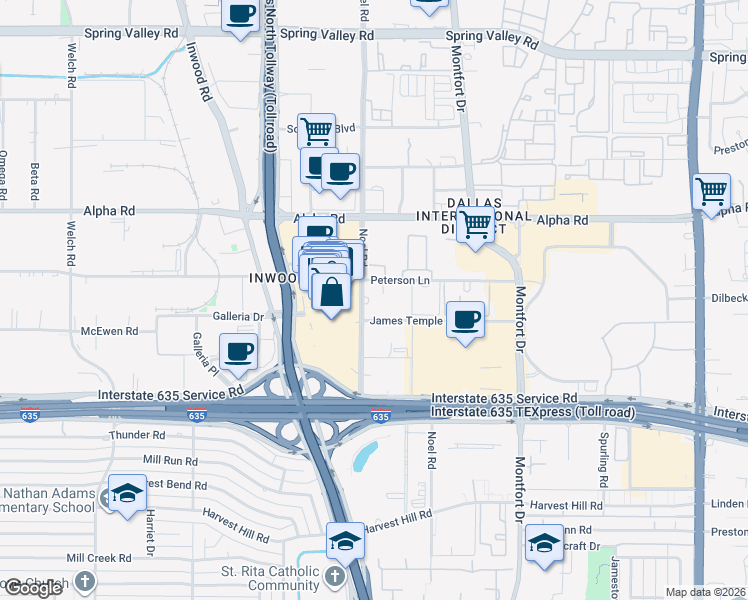 map of restaurants, bars, coffee shops, grocery stores, and more near 13330 Noel Road in Dallas