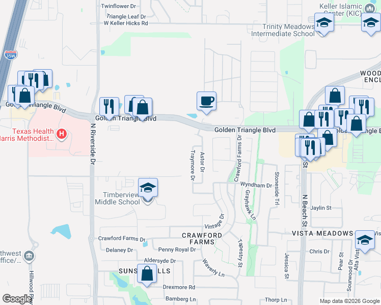 map of restaurants, bars, coffee shops, grocery stores, and more near 10721 Traymore Drive in Fort Worth