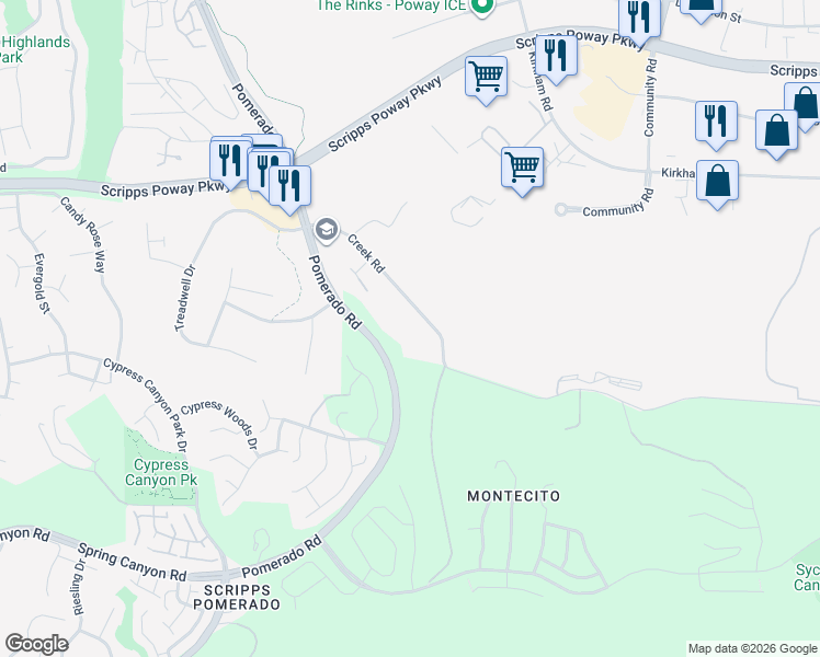 map of restaurants, bars, coffee shops, grocery stores, and more near 11558 Creek Road in Poway