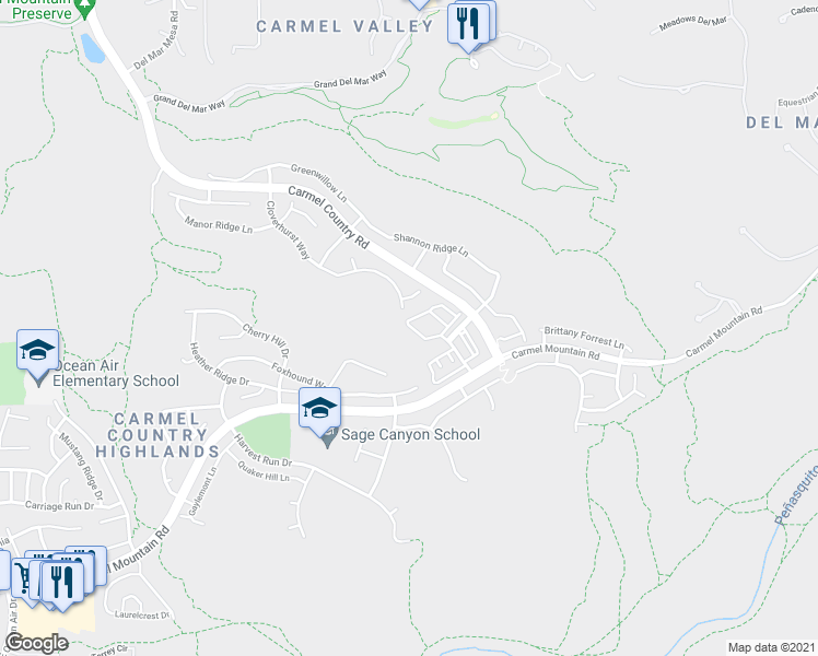 map of restaurants, bars, coffee shops, grocery stores, and more near 5 Canyon Grove Trail in San Diego