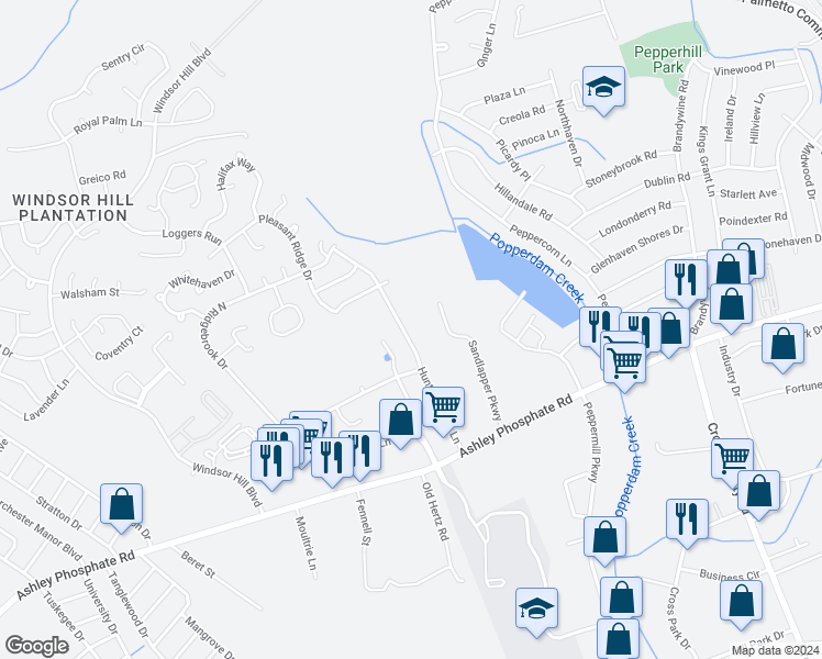 map of restaurants, bars, coffee shops, grocery stores, and more near 7642 Hunters Ridge Lane in North Charleston