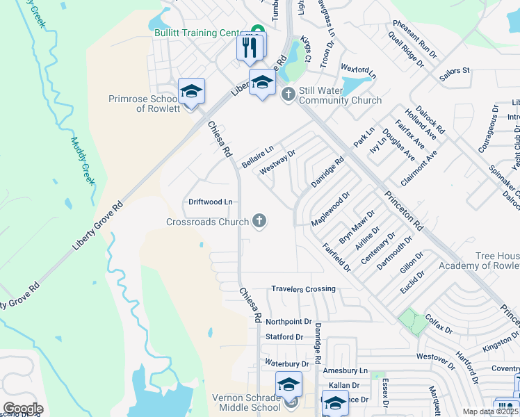 map of restaurants, bars, coffee shops, grocery stores, and more near 7904 Chiesa Road in Rowlett