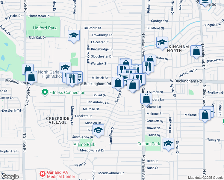 map of restaurants, bars, coffee shops, grocery stores, and more near 1713 Goliad Drive in Garland