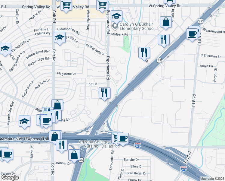 map of restaurants, bars, coffee shops, grocery stores, and more near 13350 Esperanza Road in Dallas